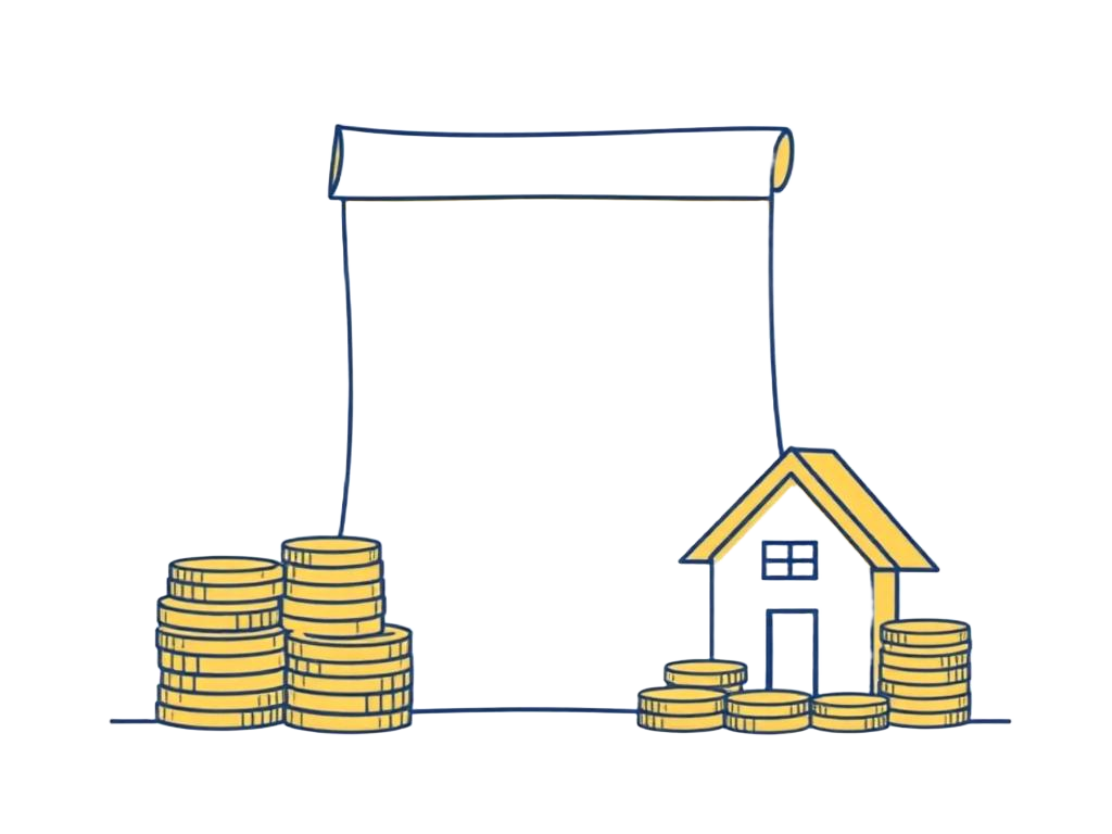Illustration of a tax rebate document with coins and a small house