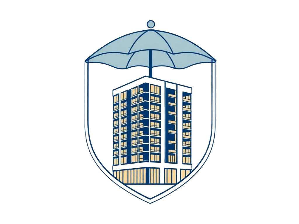 Illustration of a condo building protected by an umbrella inside a shield