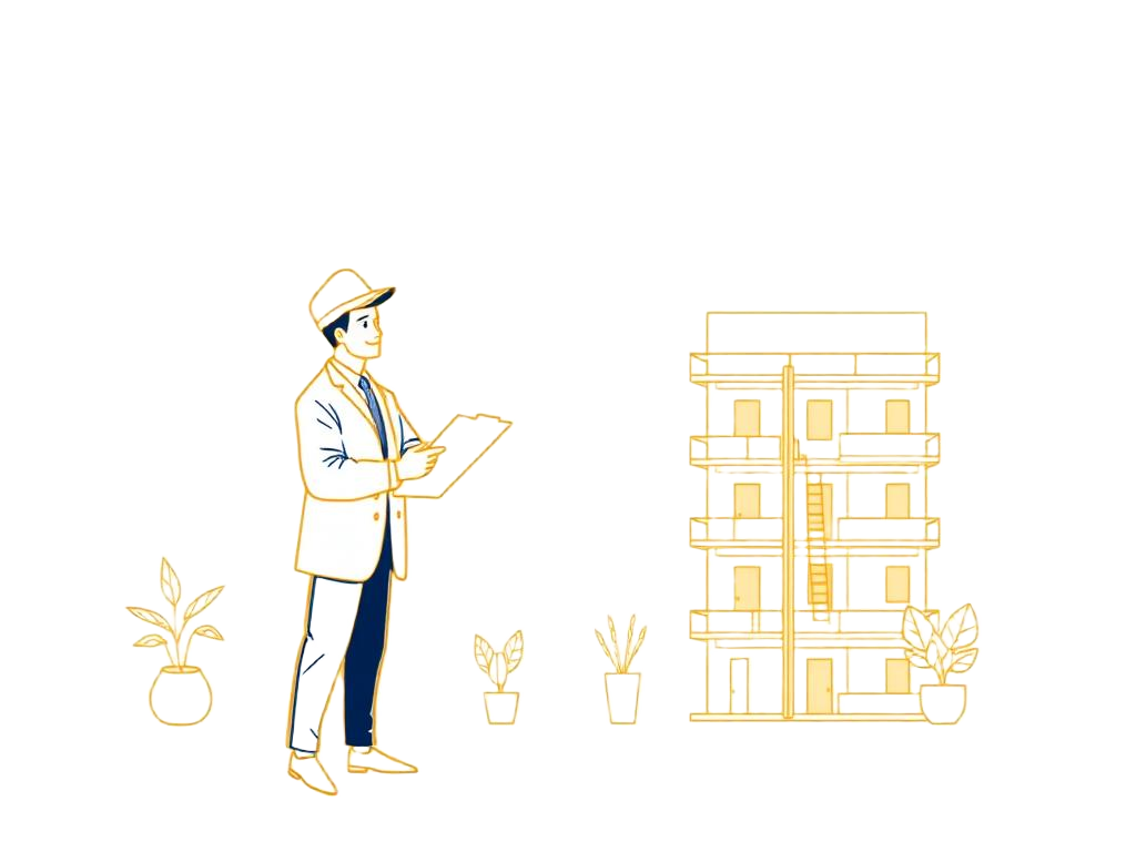 Illustration of an inspector with a clipboard examining a new condo