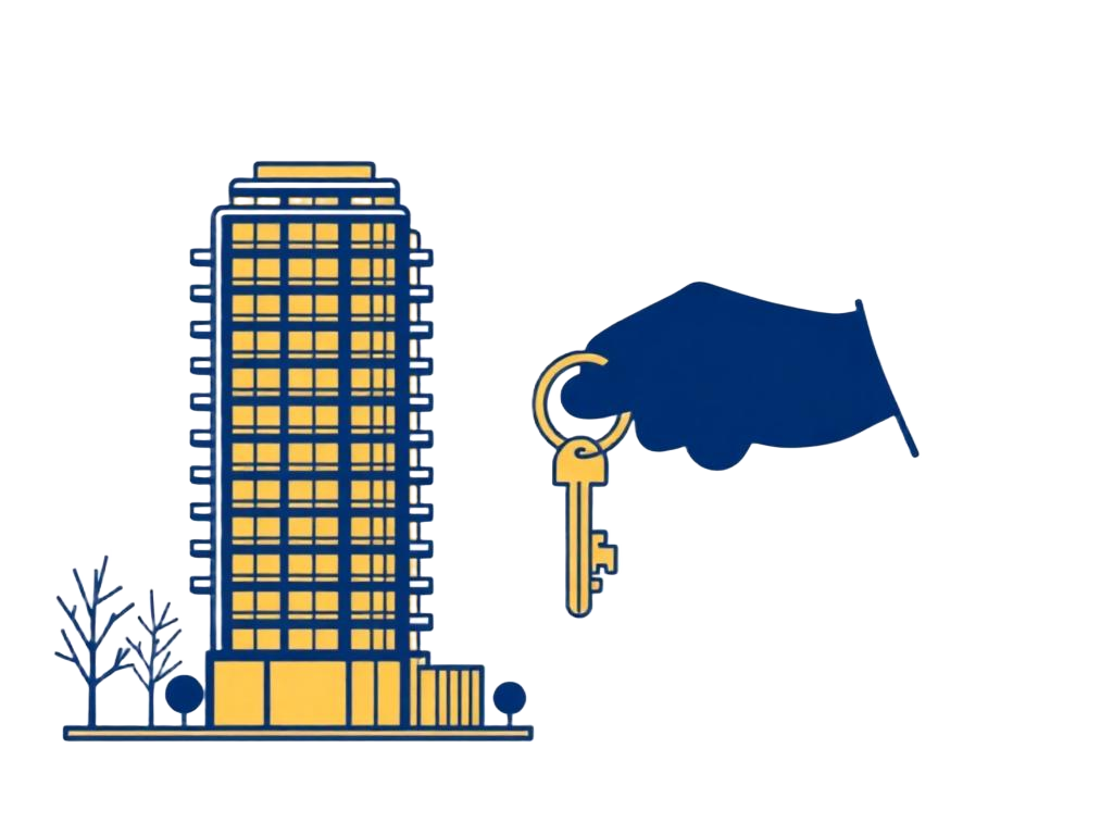 Illustration of a hand passing keys in front of a Menkes condo tower